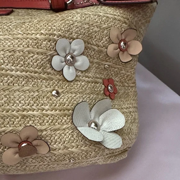 Coach Floral Straw Tote Bag with Tan and Coral Accents EUC - Picture 6 of 13